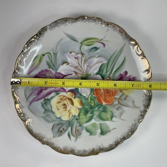 Vintage Hand painted Ceramic Multicolor Flower Wall Plates Gold Rim Set Of 2 - Picture 8 of 9